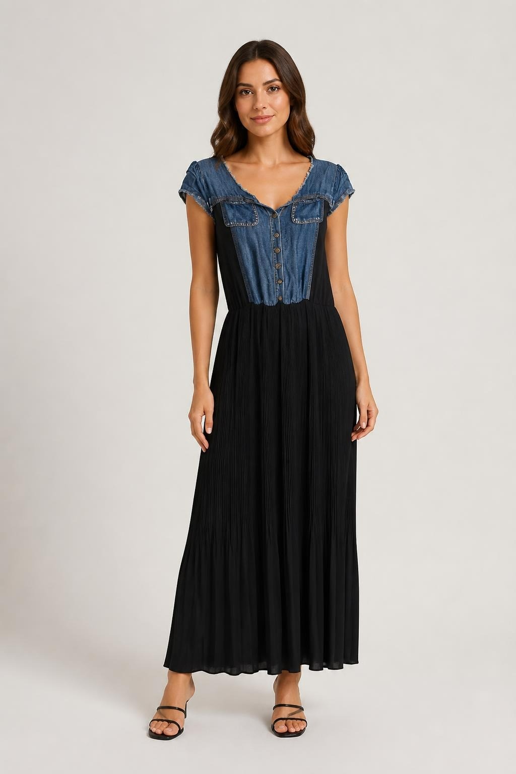 Oxygene Denim & Black Pleated Maxi Dress | Pre-Loved | Why Go Less