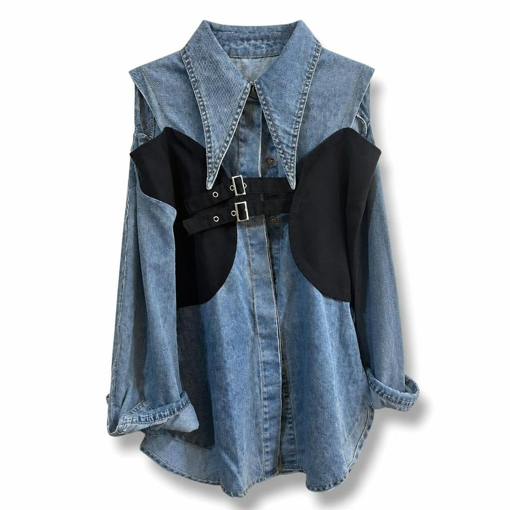 Denim & Black Panel Shirt Jacket With Buckle | New | Why Go Less