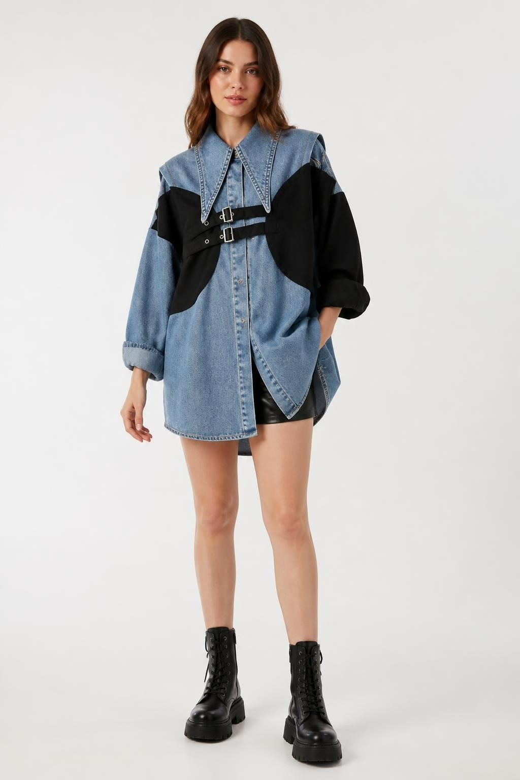 Denim & Black Panel Shirt Jacket With Buckle | New | Why Go Less