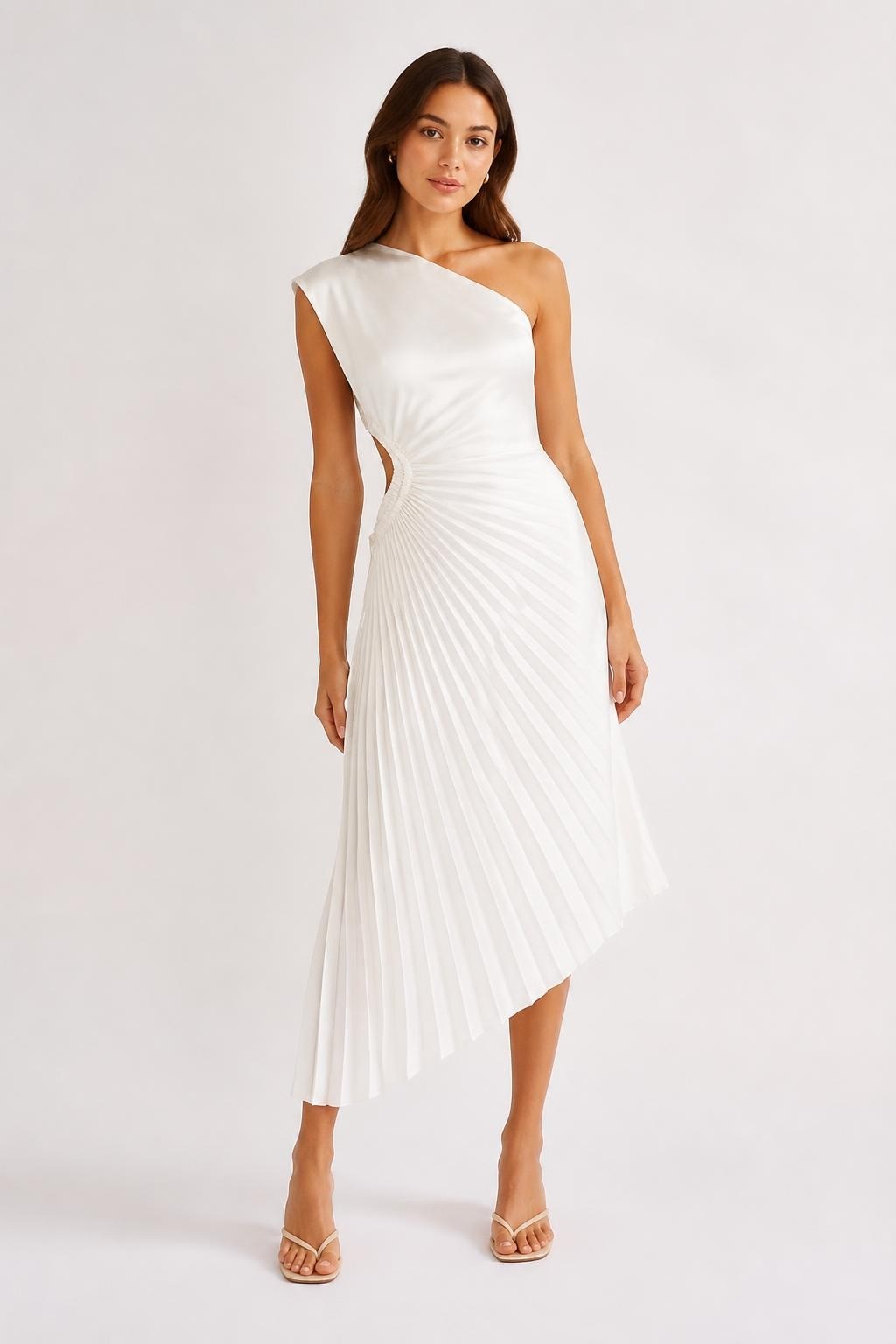 White Pleated Asymmetric Midi Dress | Pre-Loved | Why Go Less