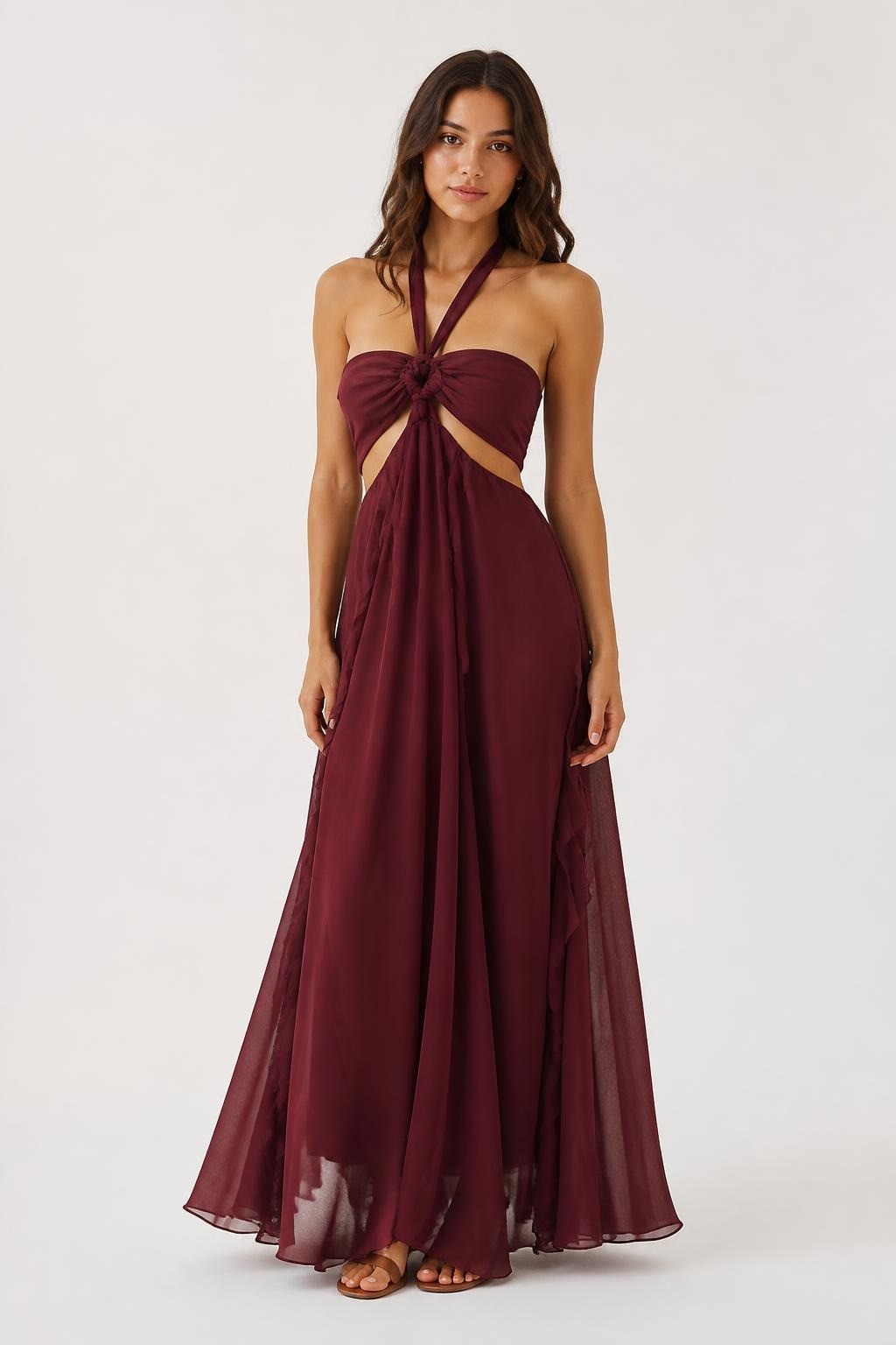 Burgundy Halter Neck Ruffle Maxi Dress | Pre-Loved | Why Go Less-1