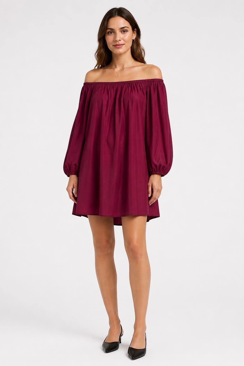 Burgundy Off-shoulder Puff Sleeve Mini Dress | Pre-Loved | Why Go Less