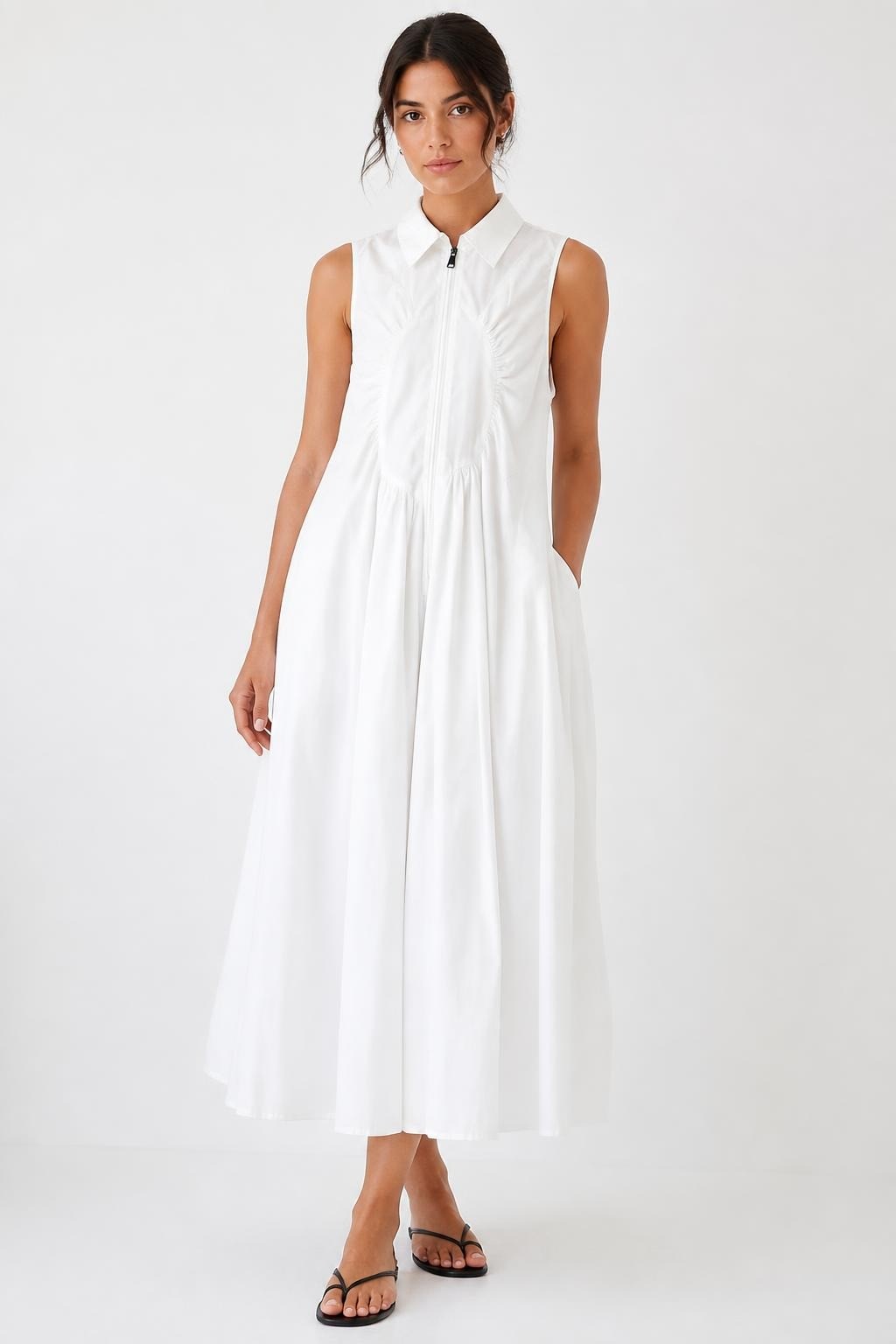 White Sleeveless Zip-front Shirt Dress | Pre-Loved | Why Go Less