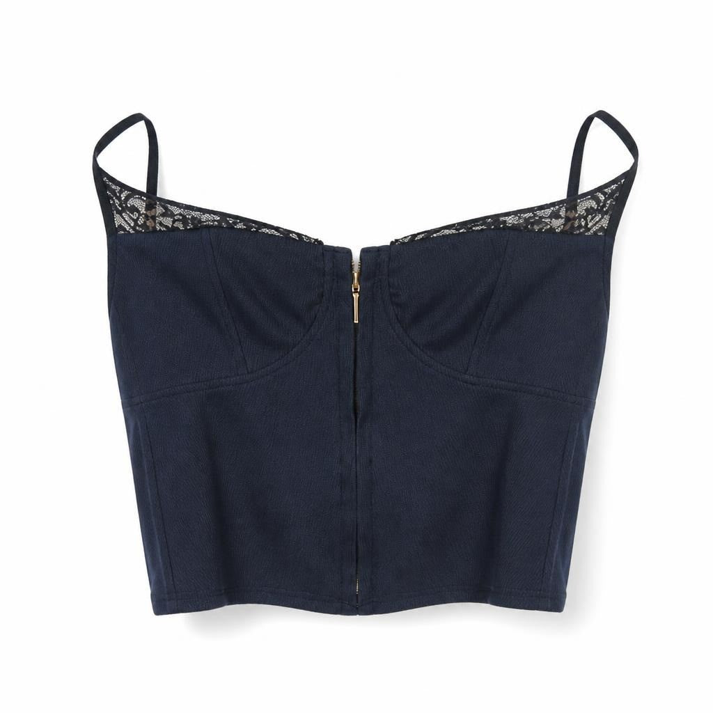 Navy Ribbed Corset Crop Top With Lace Trim | Pre-Loved | Why Go Less