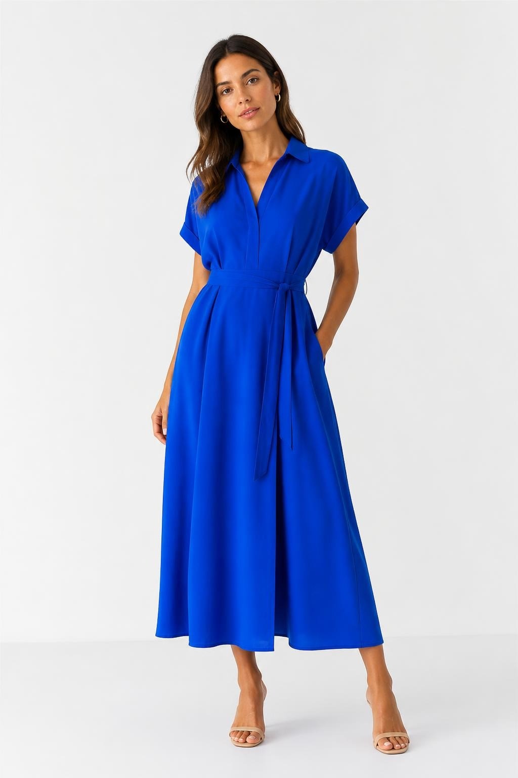 Royal Blue Wrap Midi Shirt Dress, Belted | Pre-Loved | Why Go Less