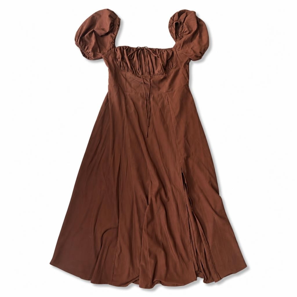 Brown Puff Sleeve Midi Dress, Rust/Terracotta | Pre-Loved | Why Go Less