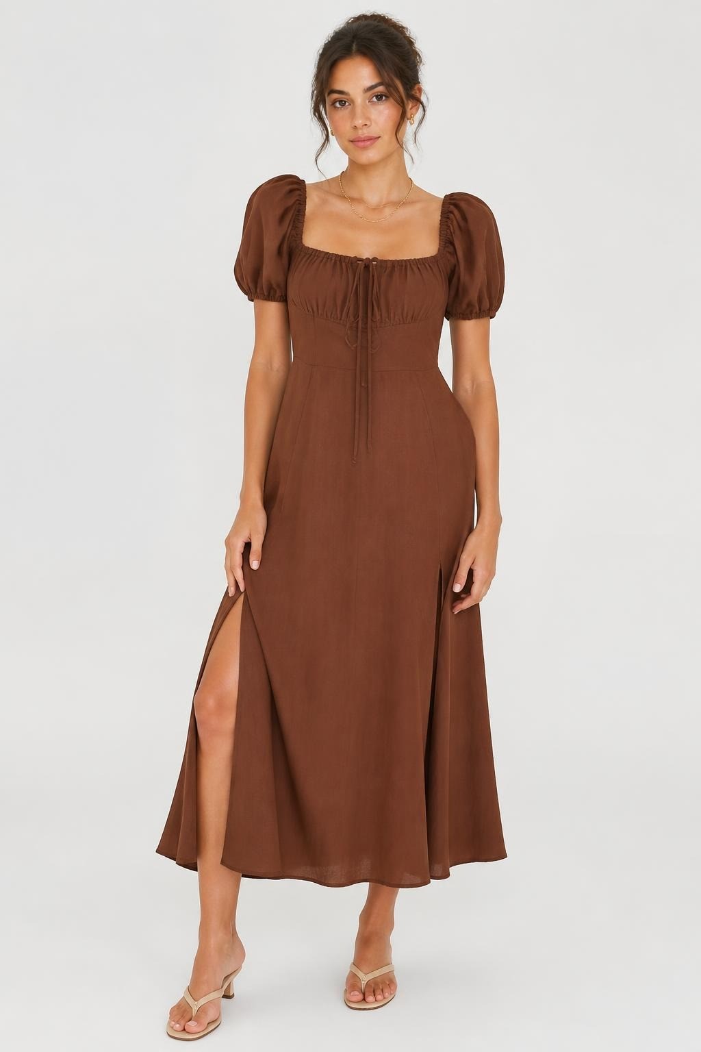 Brown Puff Sleeve Midi Dress, Rust/Terracotta | Pre-Loved | Why Go Less
