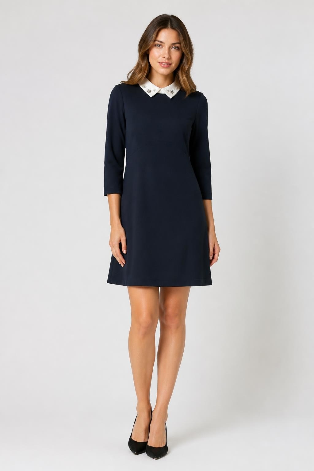 ABS Black Mini Dress White Jeweled Collar | Pre-Loved | Why Go Less
