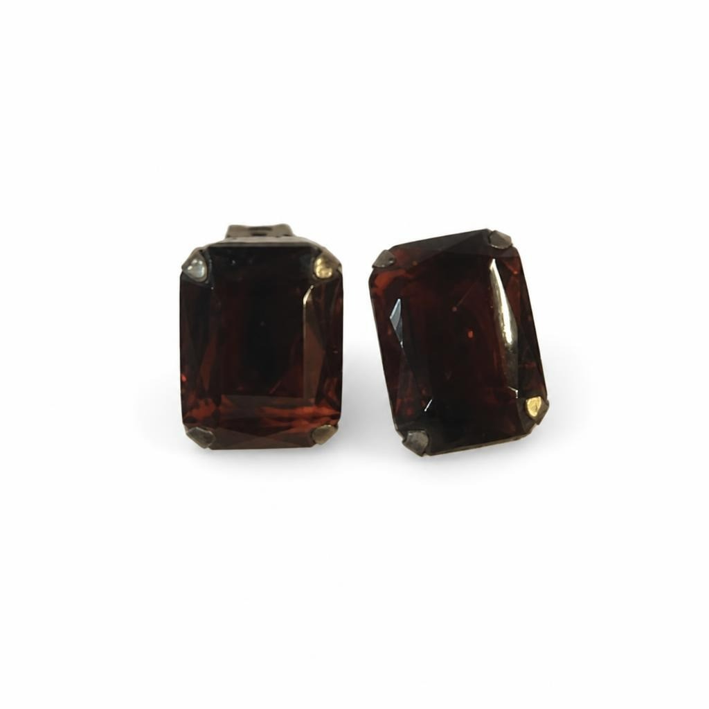 Dark Amber Rectangular Faceted Crystal Clip Earrings | Pre-Loved | Why Go Less