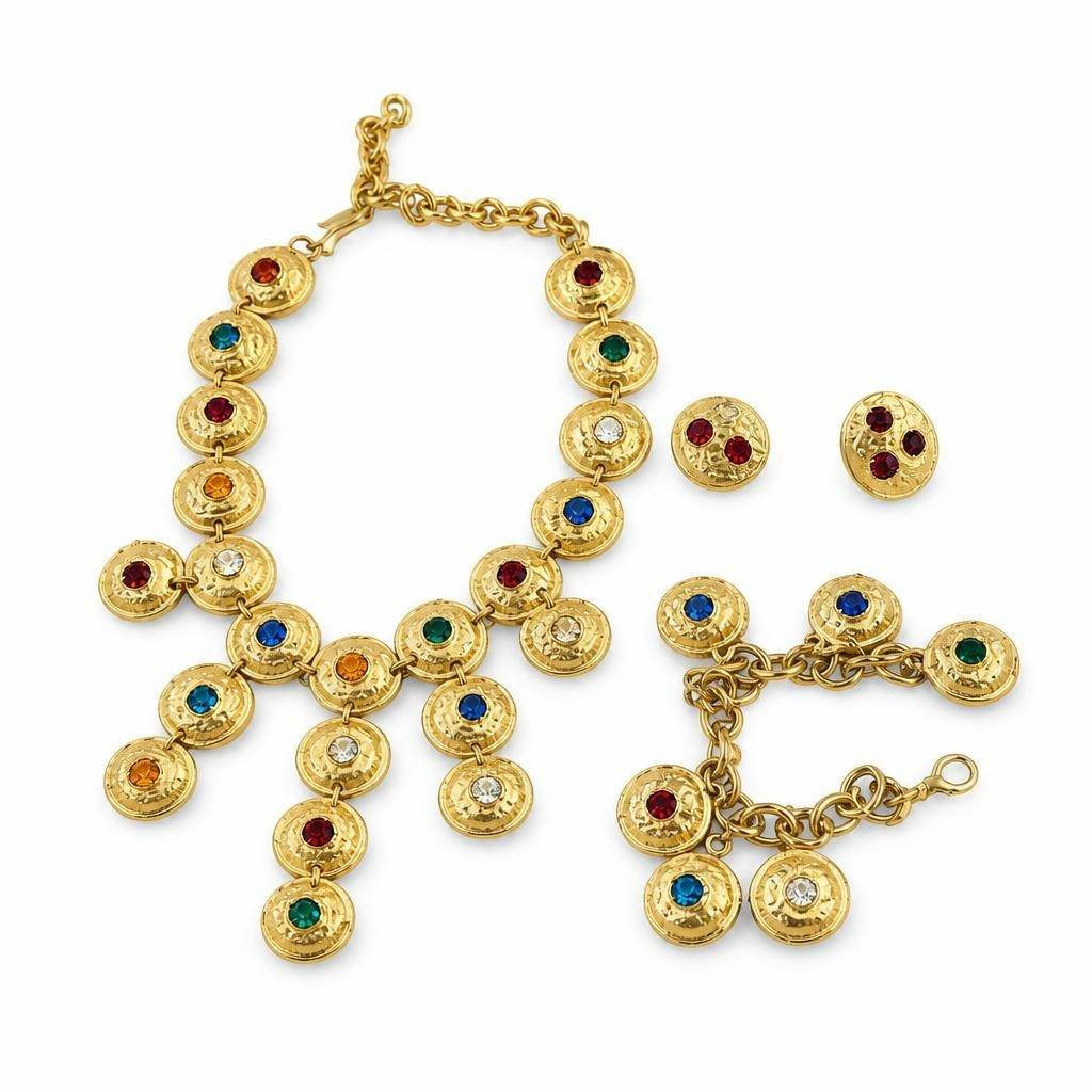 Gold Tone Multicolor Rhinestone Coin Set Necklace Bracelet | Pre-Loved | Why Go Less