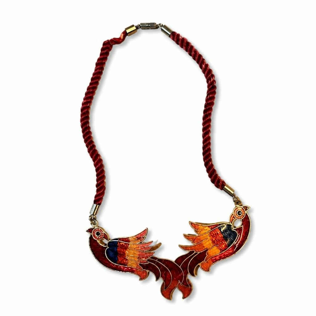 Collier corde rouge avec pendentif duo oiseau Phénix en émail | D'occasion | Pourquoi se contenter de moins
