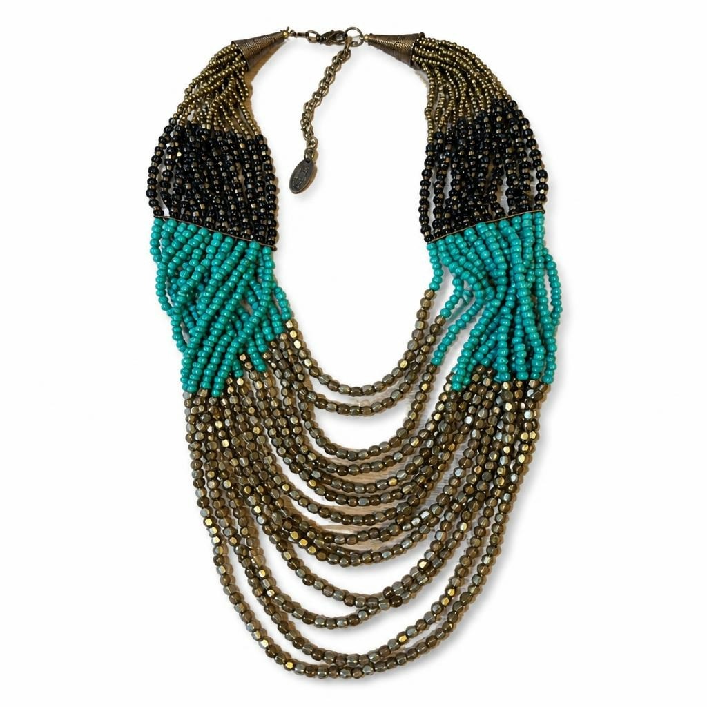 Collier multirang perlé, tons turquoise, noir et or | Seconde main | Pourquoi se priver ?