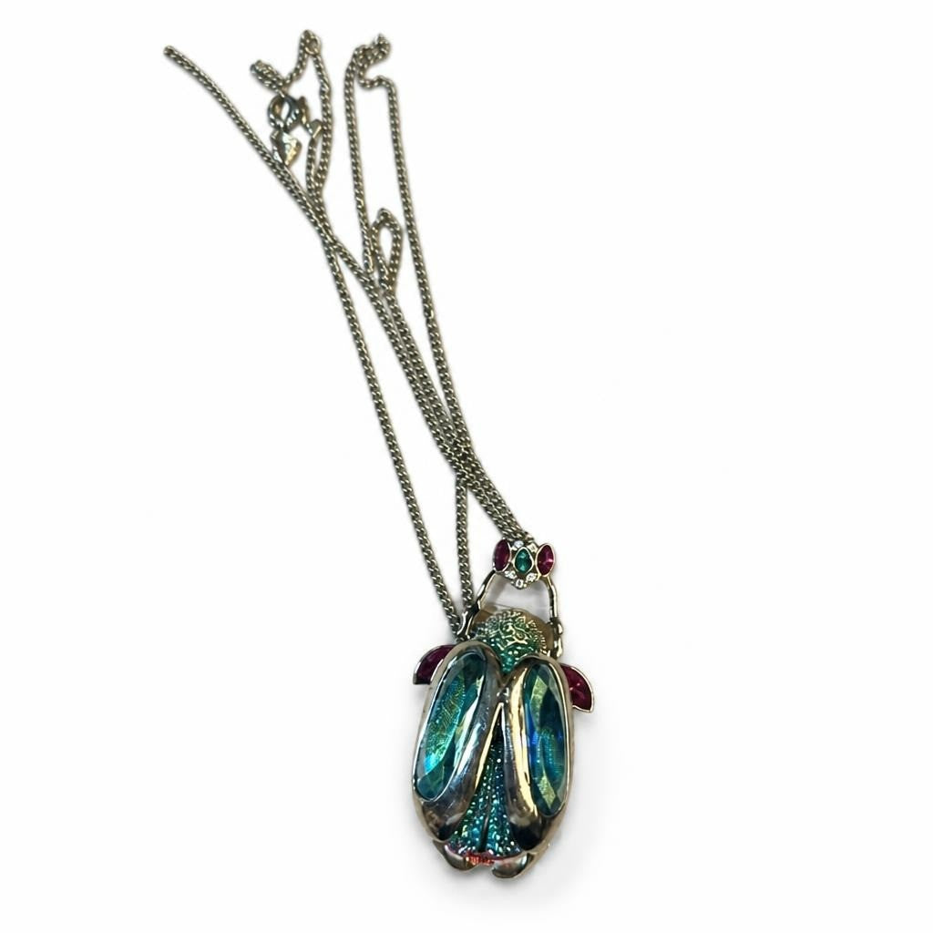 Iridescent Beetle Bug Pendant Necklace, Silver Chain | Pre-Loved | Why Go Less