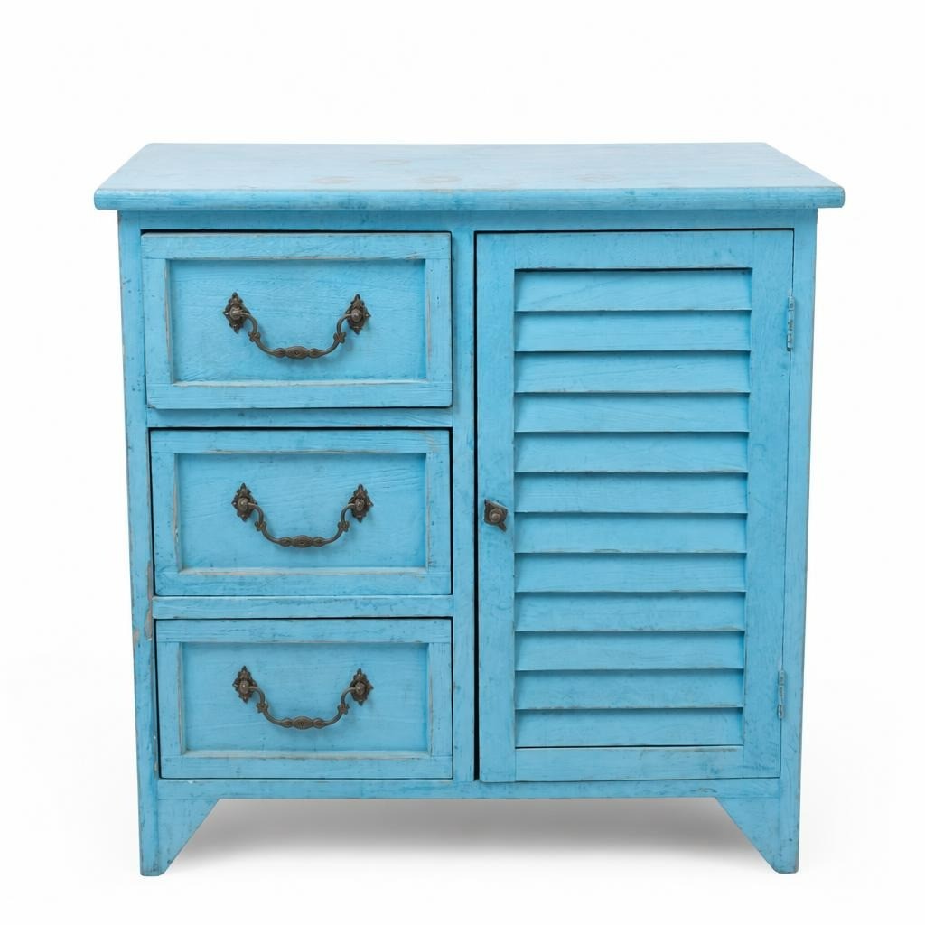 Armoire turquoise en bois vieilli 3 tiroirs, 1 porte | Seconde main | Pourquoi se contenter de moins