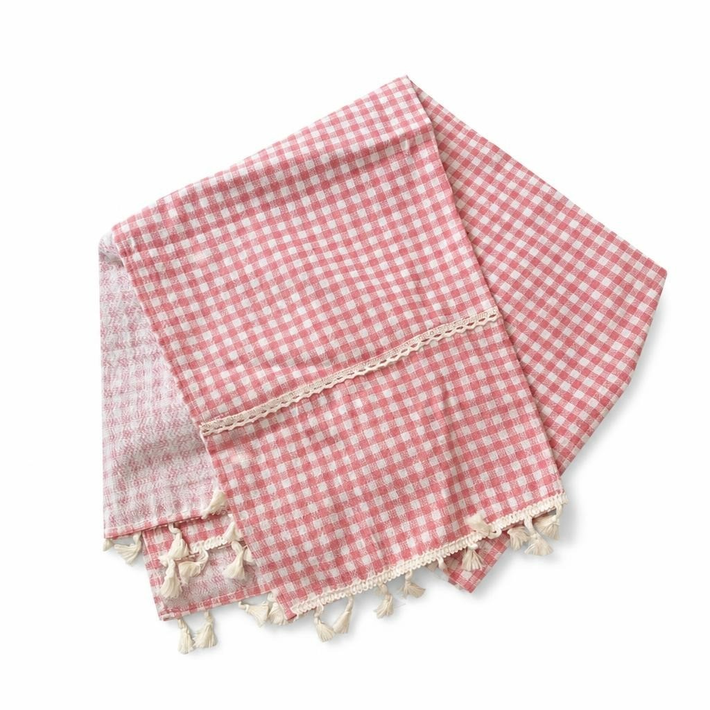 Lot de torchons de cuisine à carreaux vichy roses avec pompons | D'occasion | Pourquoi se contenter de moins