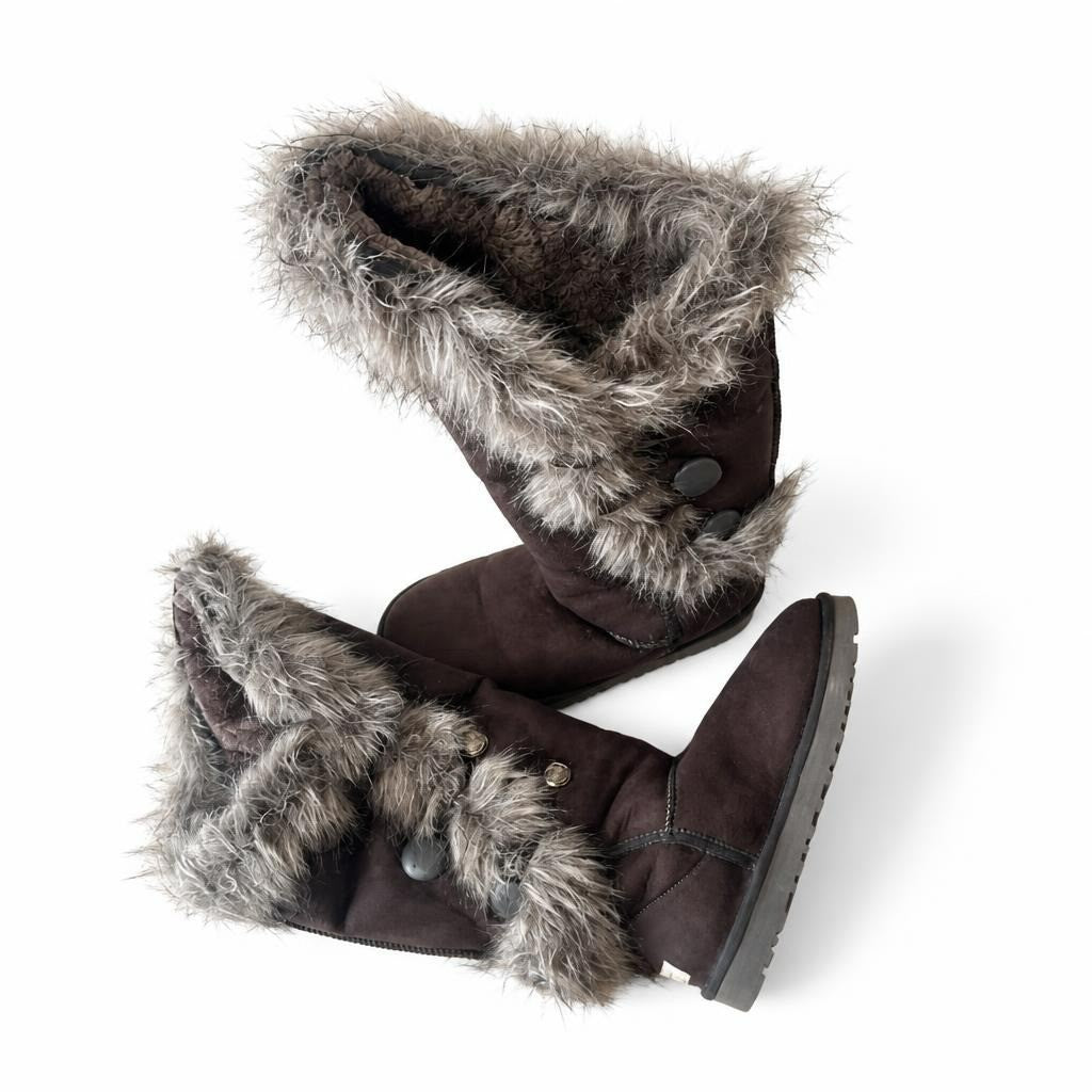 Uggs Brown Suede Tall Boots Faux Fur Trim Buttons | New | Why Go Less
