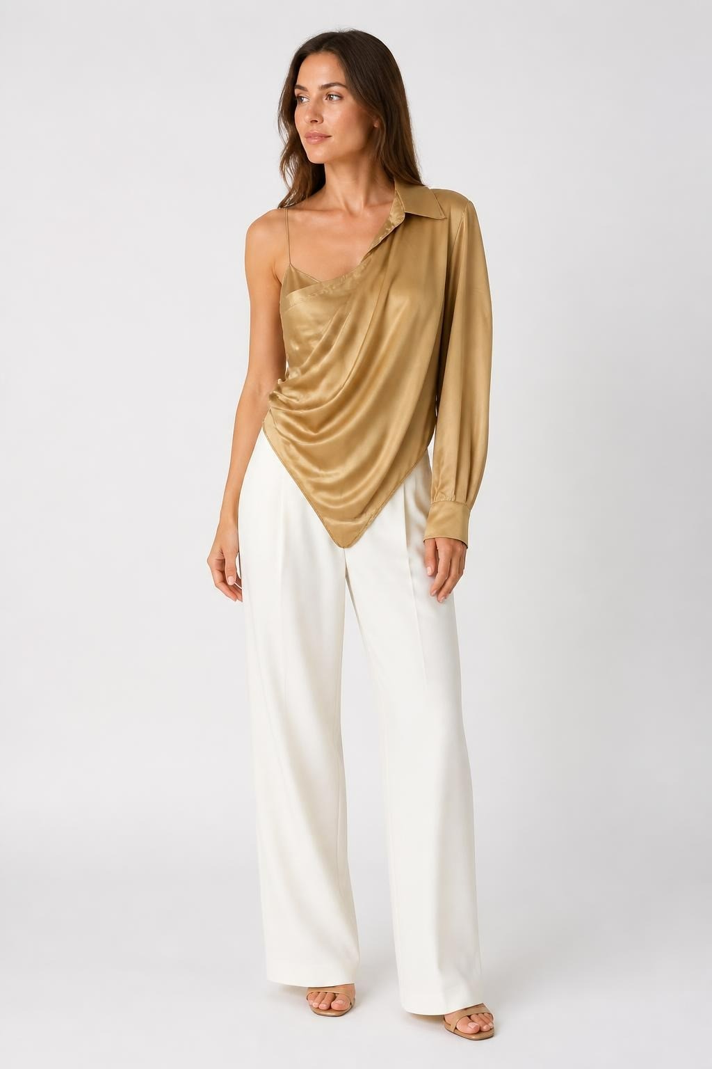 Camel Sheer Satin Asymmetric Draped Top or Skirt - at Why Go Less, Lebanon