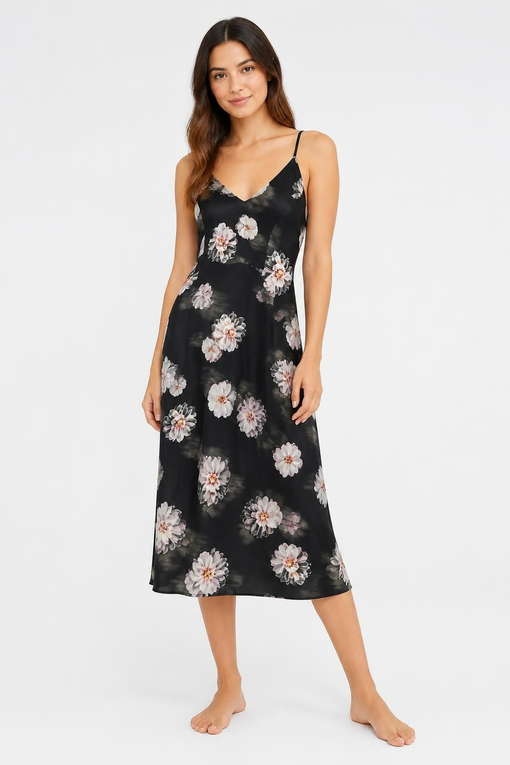 Black Floral Print V-Neck Slip Dress - on model shot, second-hand at Why Go Less, Dekwaneh, Lebanon