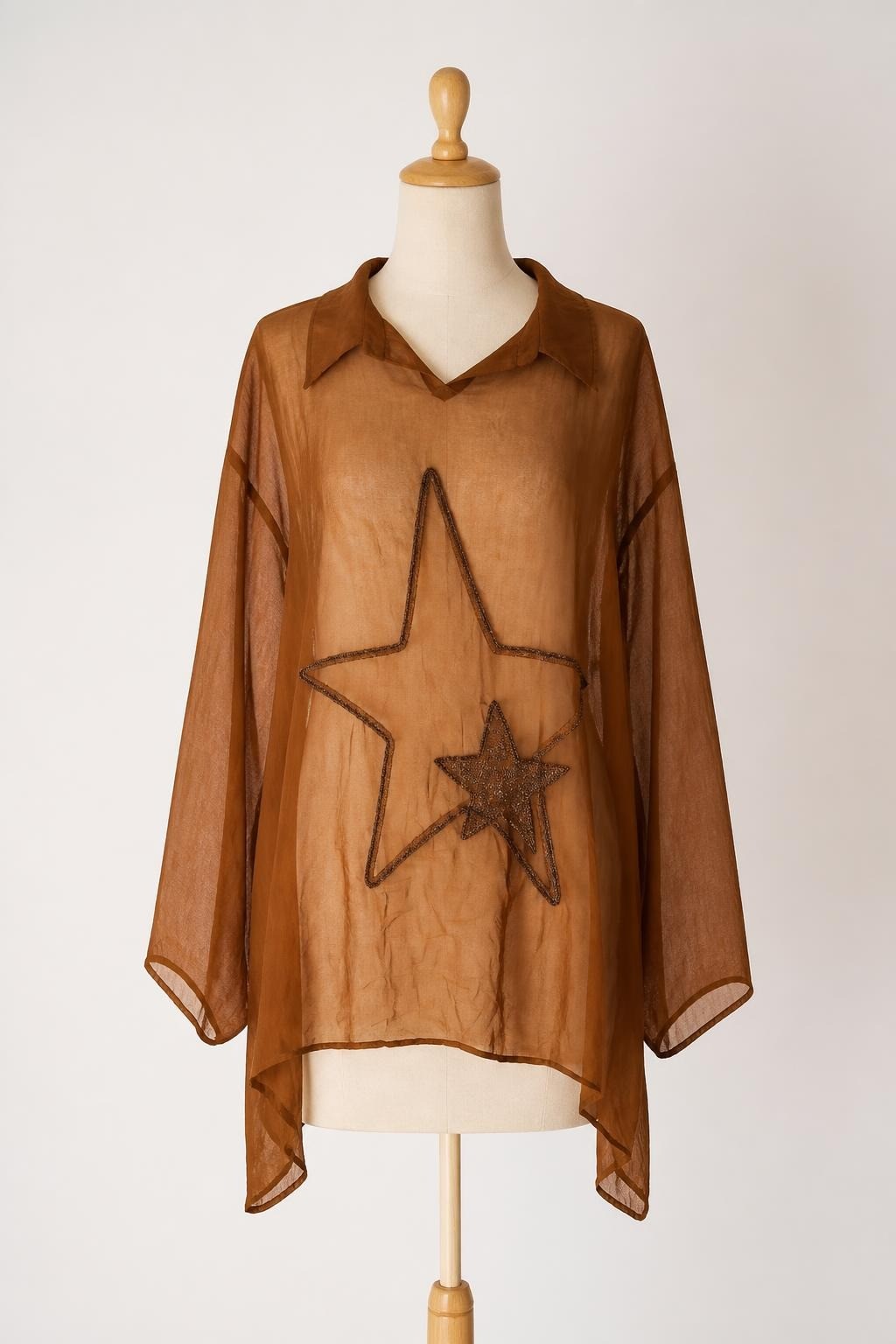 Sheer Brown Star-Print Wrap Top - on model shot, second-hand at Why Go Less, Dekwaneh, Lebanon