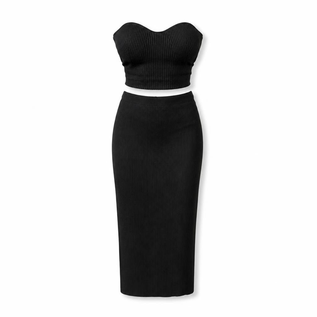 Elle Black Ribbed Knit Strapless Crop Top & Midi Skirt | Pre-Loved | Why Go Less