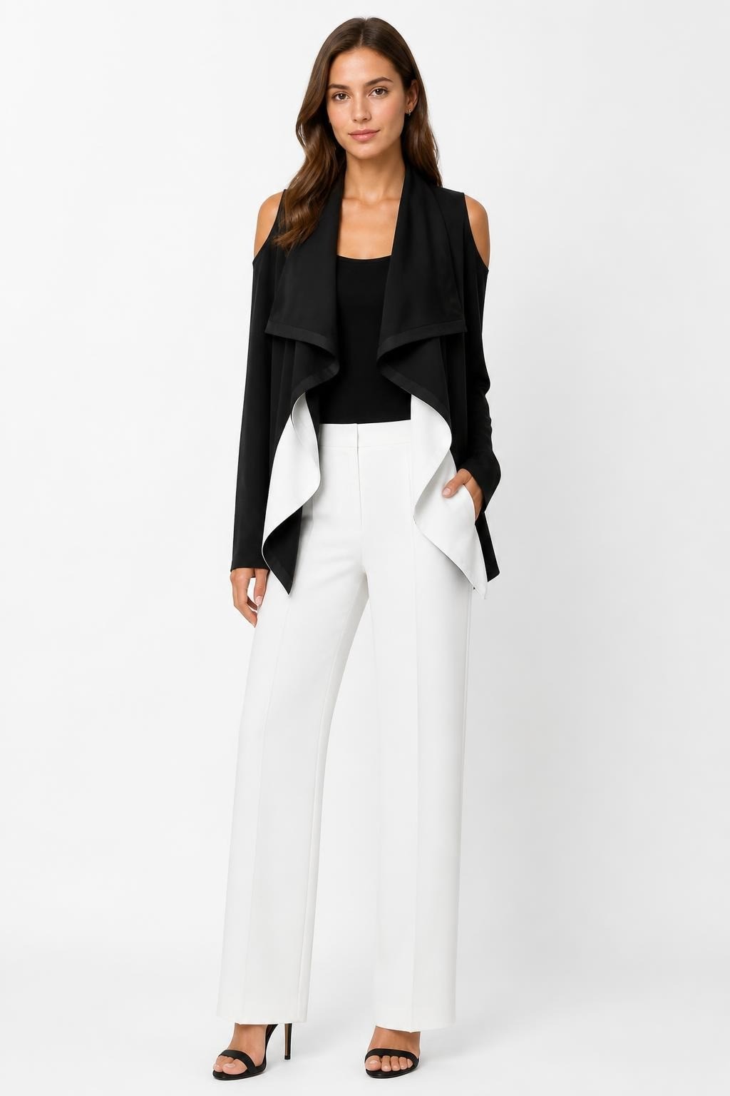 Black Sleeveless Waterfall Drape Vest with White Contrast Facing - at Why Go Less, Lebanon