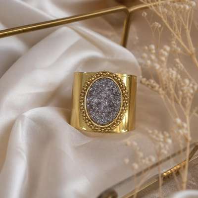 Gold cuff bracelet with silver druzy oval stone - lifestyle shot, second-hand at Why Go Less, Dekwaneh, Lebanon