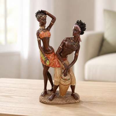 African women figurines orange set of 2 with urns - on surface shot, second-hand at Why Go Less, Dekwaneh, Lebanon