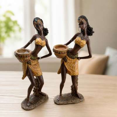 African figurine candle holders, yellow outfit, pair - on surface shot, second-hand at Why Go Less, Dekwaneh, Lebanon