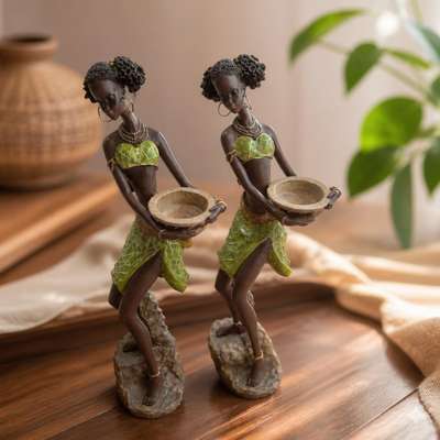 African figurine candle holders, green outfit, pair - lifestyle shot, second-hand at Why Go Less, Dekwaneh, Lebanon