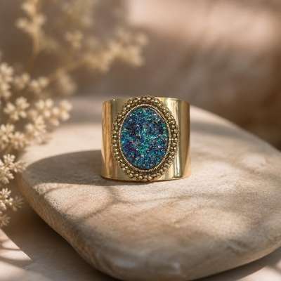 Gold cuff bracelet with blue druzy oval stone - lifestyle shot, second-hand at Why Go Less, Dekwaneh, Lebanon