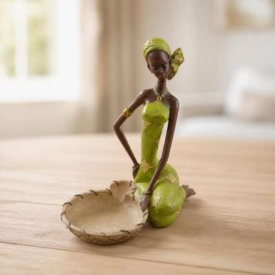 African woman figurine decorative dish, green resin - on surface shot, second-hand at Why Go Less, Dekwaneh, Lebanon