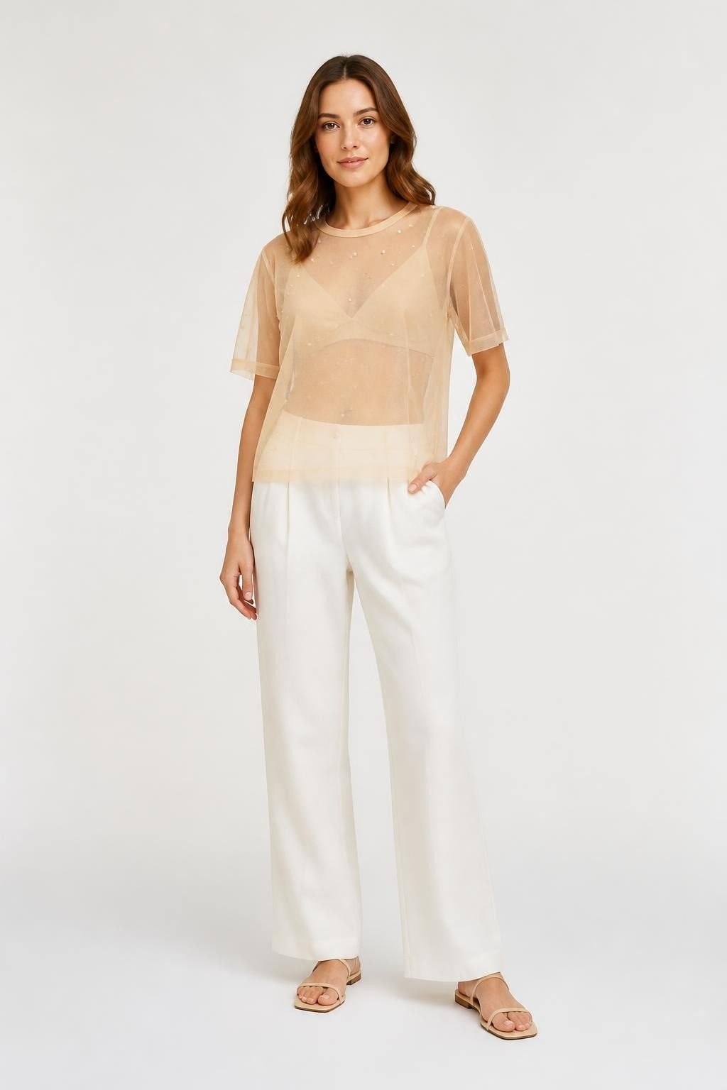 White Embellished Sleeveless Top - on model shot, second-hand at Why Go Less, Dekwaneh, Lebanon