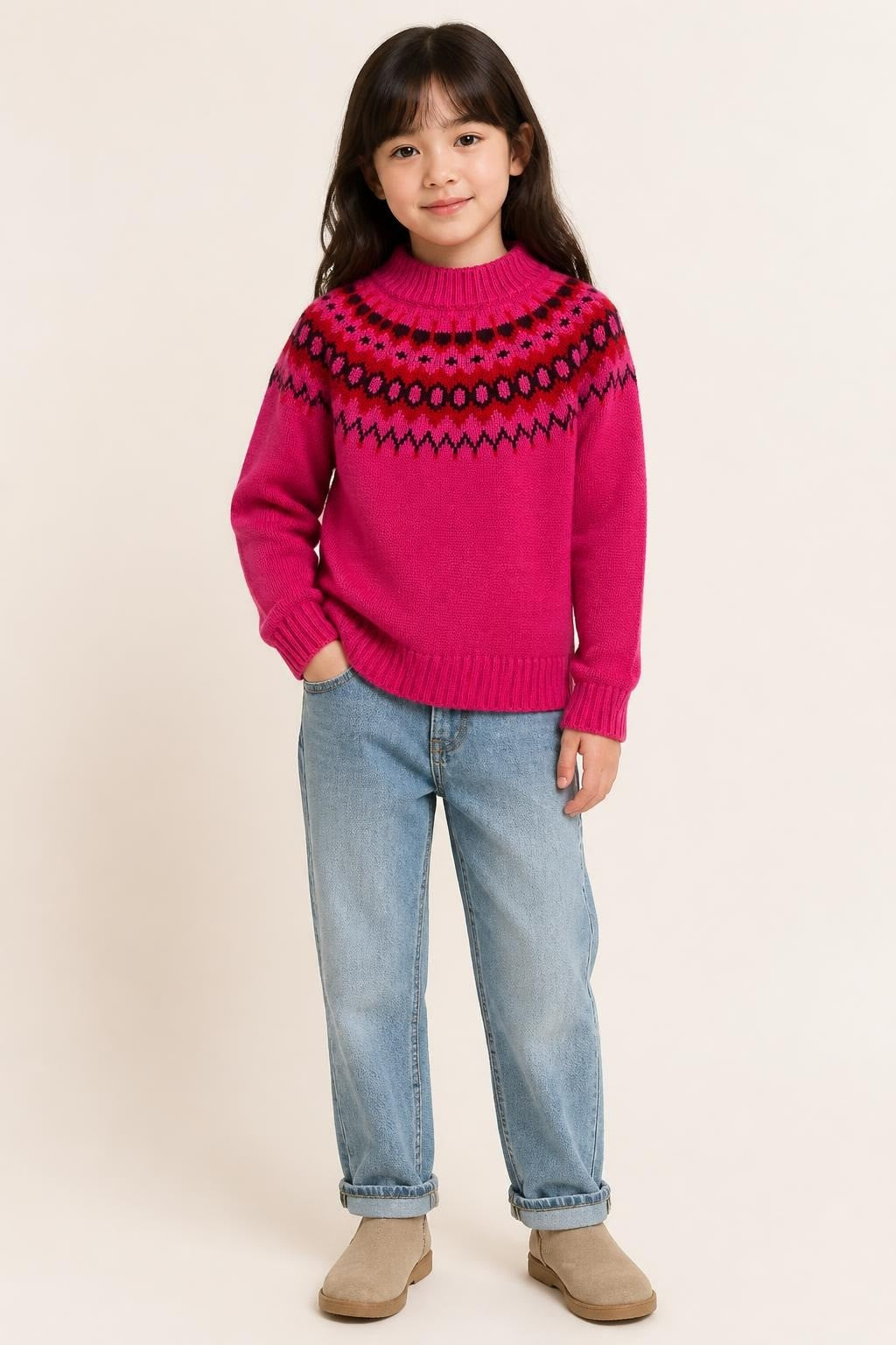 Hot Pink Fair Isle Knit Pullover Sweater, Kids - on model shot, second-hand at Why Go Less, Dekwaneh, Lebanon