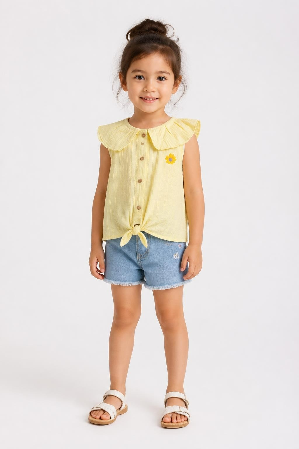 Yellow Muslin Sunflower Embroidery Button-up Top, Kids - at Why Go Less, Lebanon