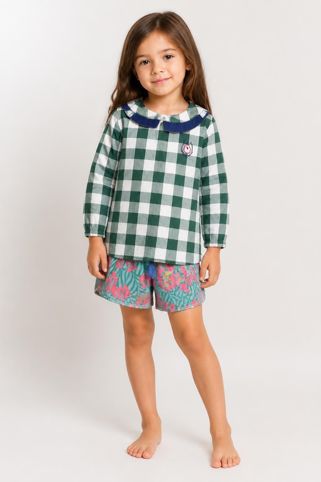 Green and White Check Flannel Shirt with Crest, Kids - at Why Go Less, Lebanon