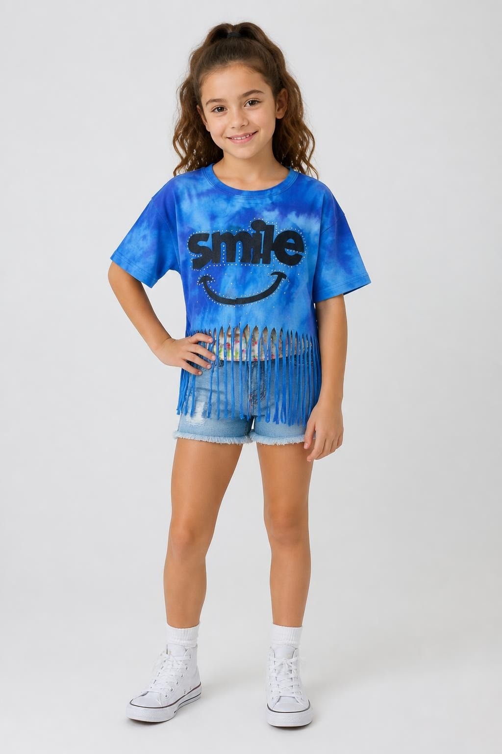 Sandy Blue Tie-dye Fringe Smile Tee, Girls - at Why Go Less, Lebanon