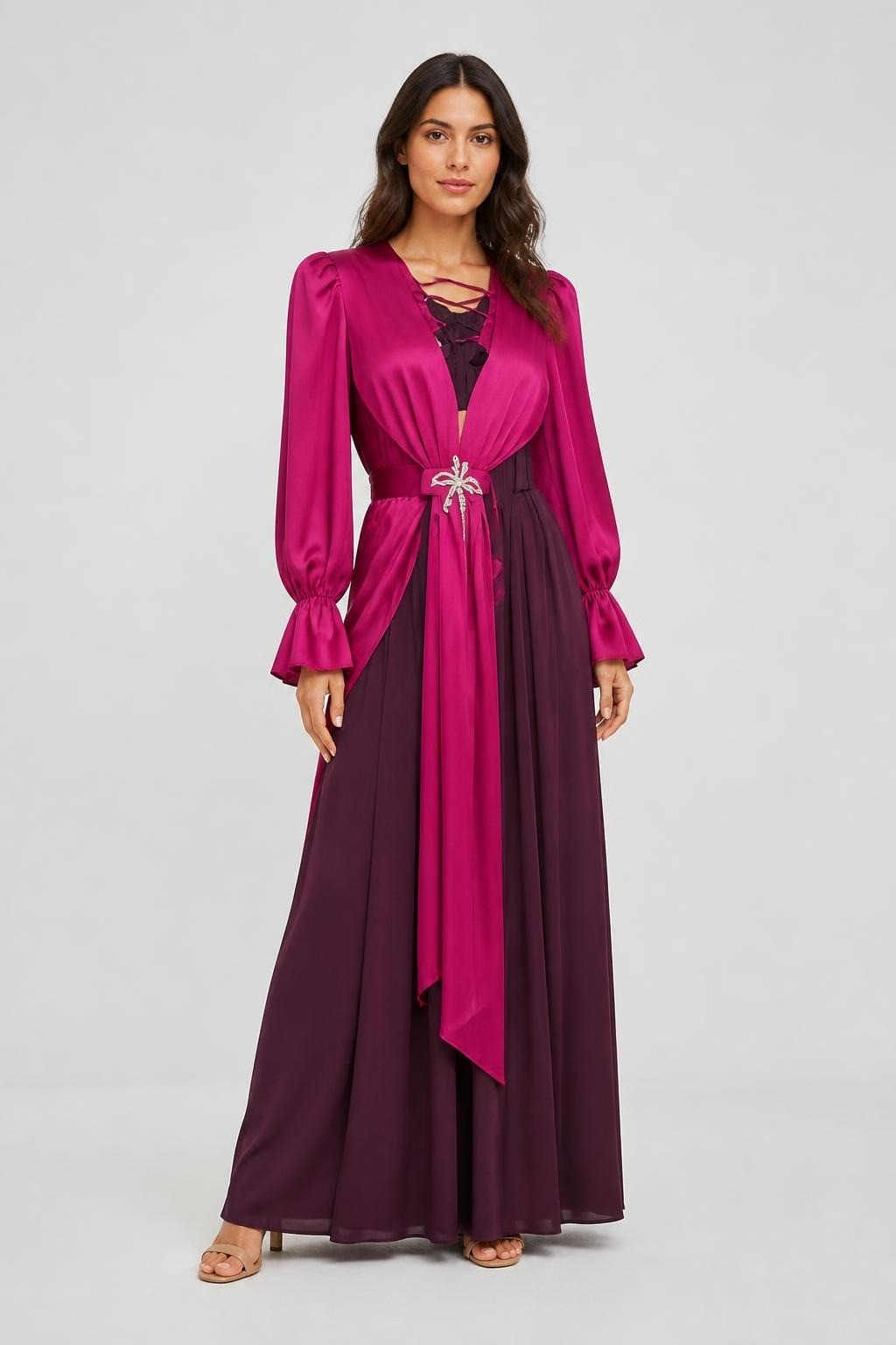 Fuchsia Satin Deep-v Puff Sleeve Maxi Dress - at Why Go Less, Lebanon