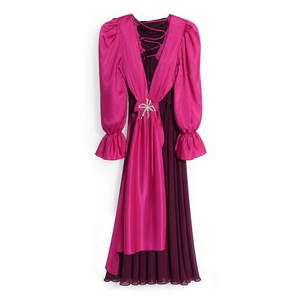 Fuchsia Satin Deep-v Puff Sleeve Maxi Dress - at Why Go Less, Lebanon