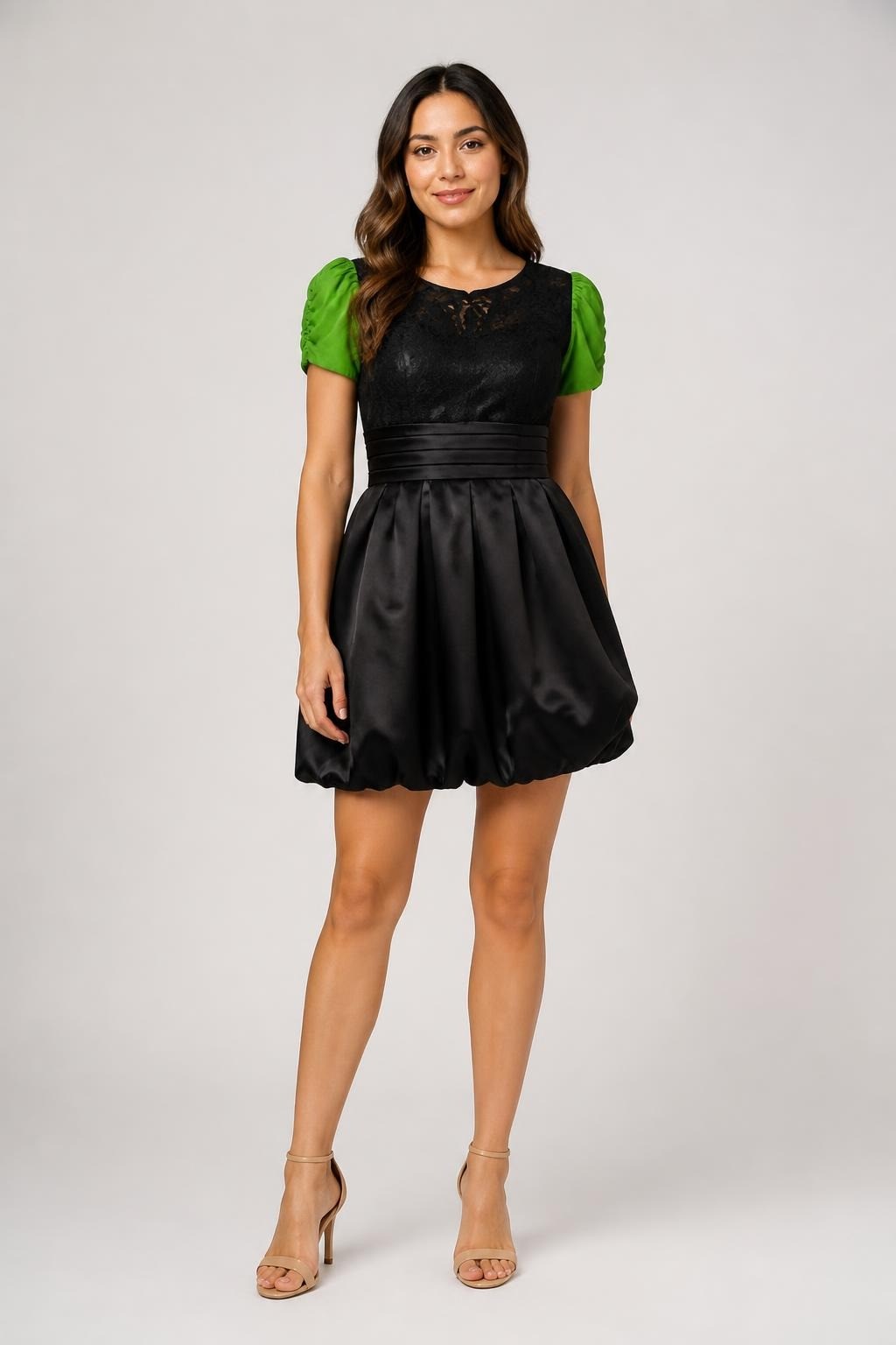 Black Lace Bodice Satin Bubble Hem Mini Dress - at Why Go Less, Lebanon