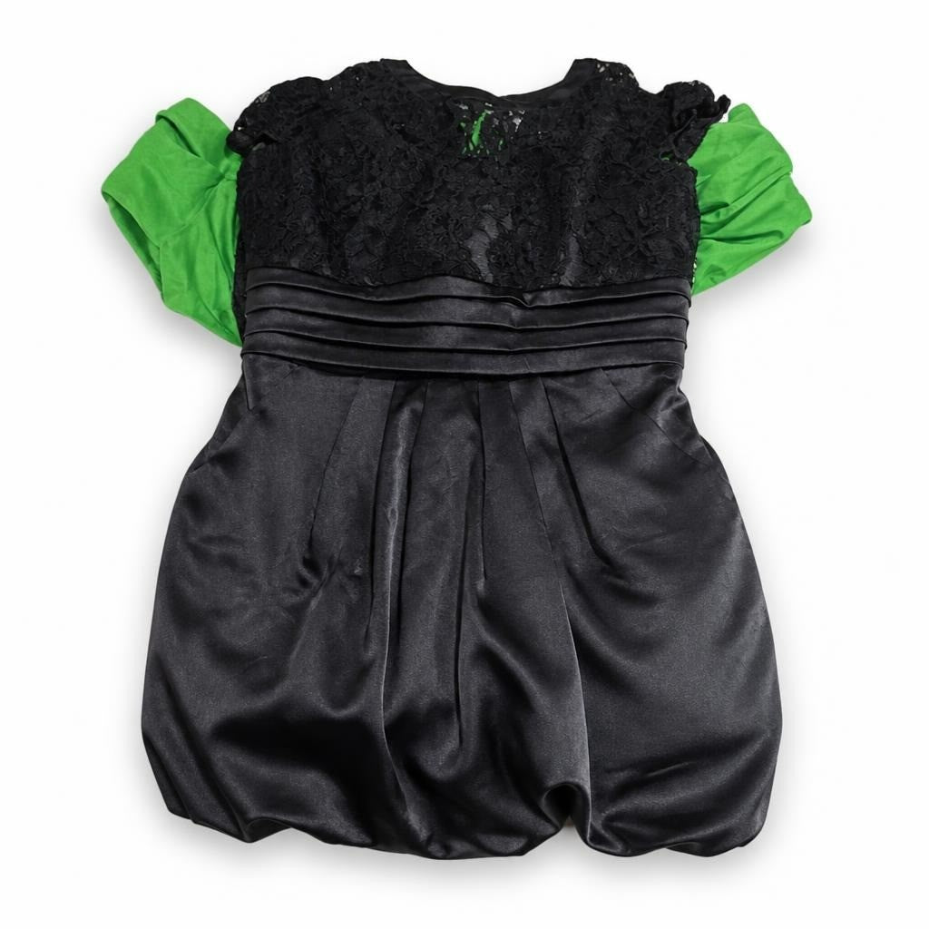 Black Lace Bodice Satin Bubble Hem Mini Dress - at Why Go Less, Lebanon