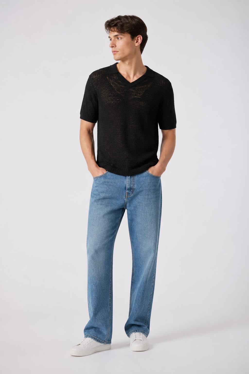 Black Sheer Short-sleeve V-neck Knit Top - at Why Go Less, Lebanon