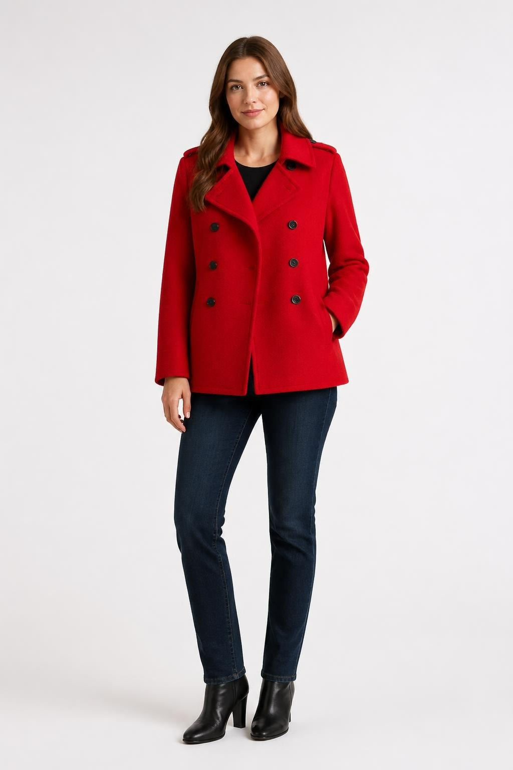 Red Double-breasted Wool Peacoat, Dark Buttons - at Why Go Less, Lebanon