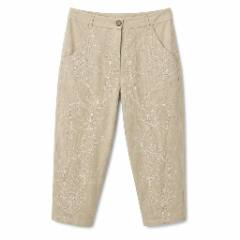 Beige Linen Cropped Pants W/ Floral Embroidery - at Why Go Less, Lebanon