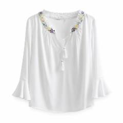 White Boho Blouse W/ Floral Beaded Neckline - at Why Go Less, Lebanon