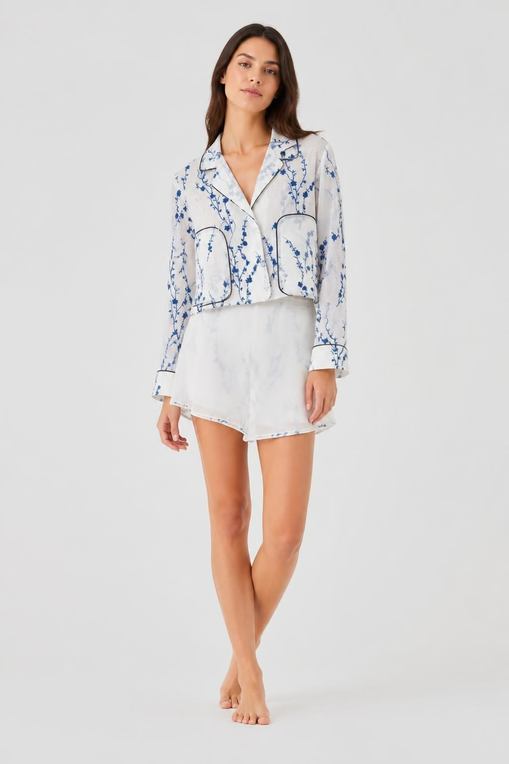 Longchamp White and Blue Floral Mesh Jacket Set - on model shot, second-hand at Why Go Less, Dekwaneh, Lebanon