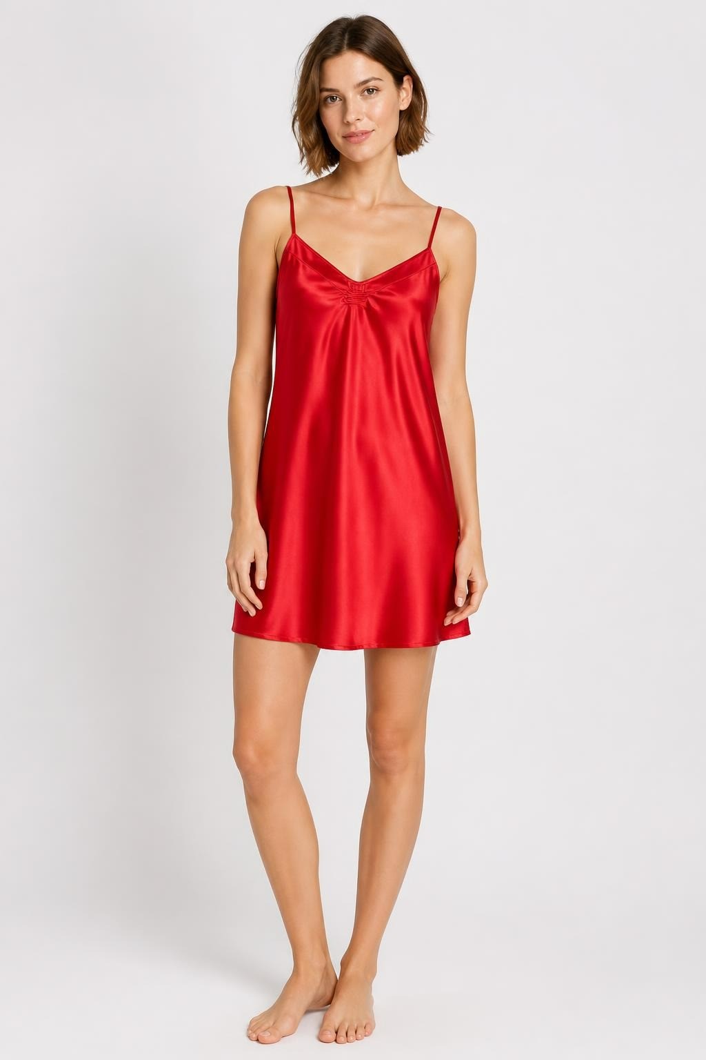 Red Satin Cowl-neck Mini Slip Dress, Ruched Detail - on model shot, second-hand at Why Go Less, Dekwaneh, Lebanon
