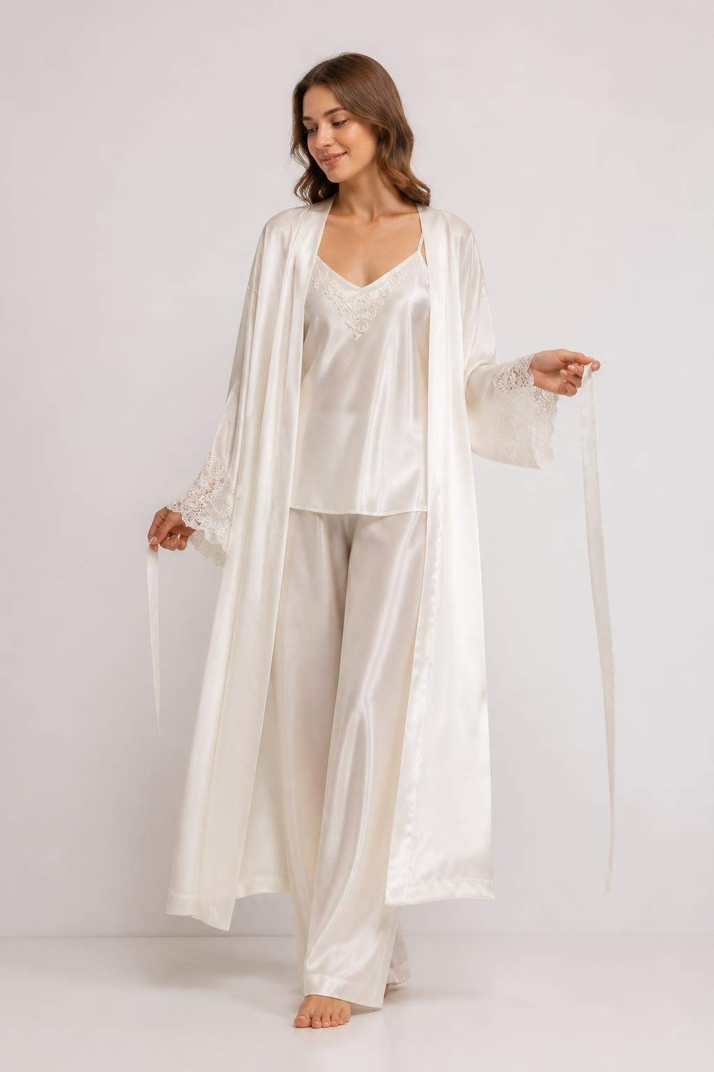 Cream White Satin Slip Dress Set 3-Piece - on model shot, second-hand at Why Go Less, Dekwaneh, Lebanon