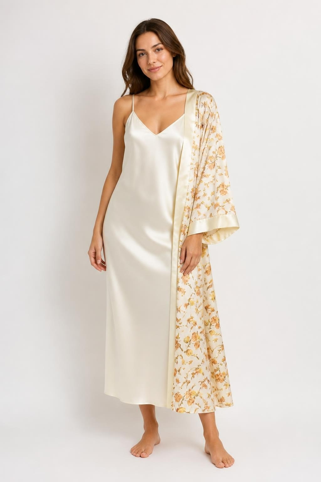 Cream Satin Slip Dress and Floral Robe Set - on model shot, second-hand at Why Go Less, Dekwaneh, Lebanon