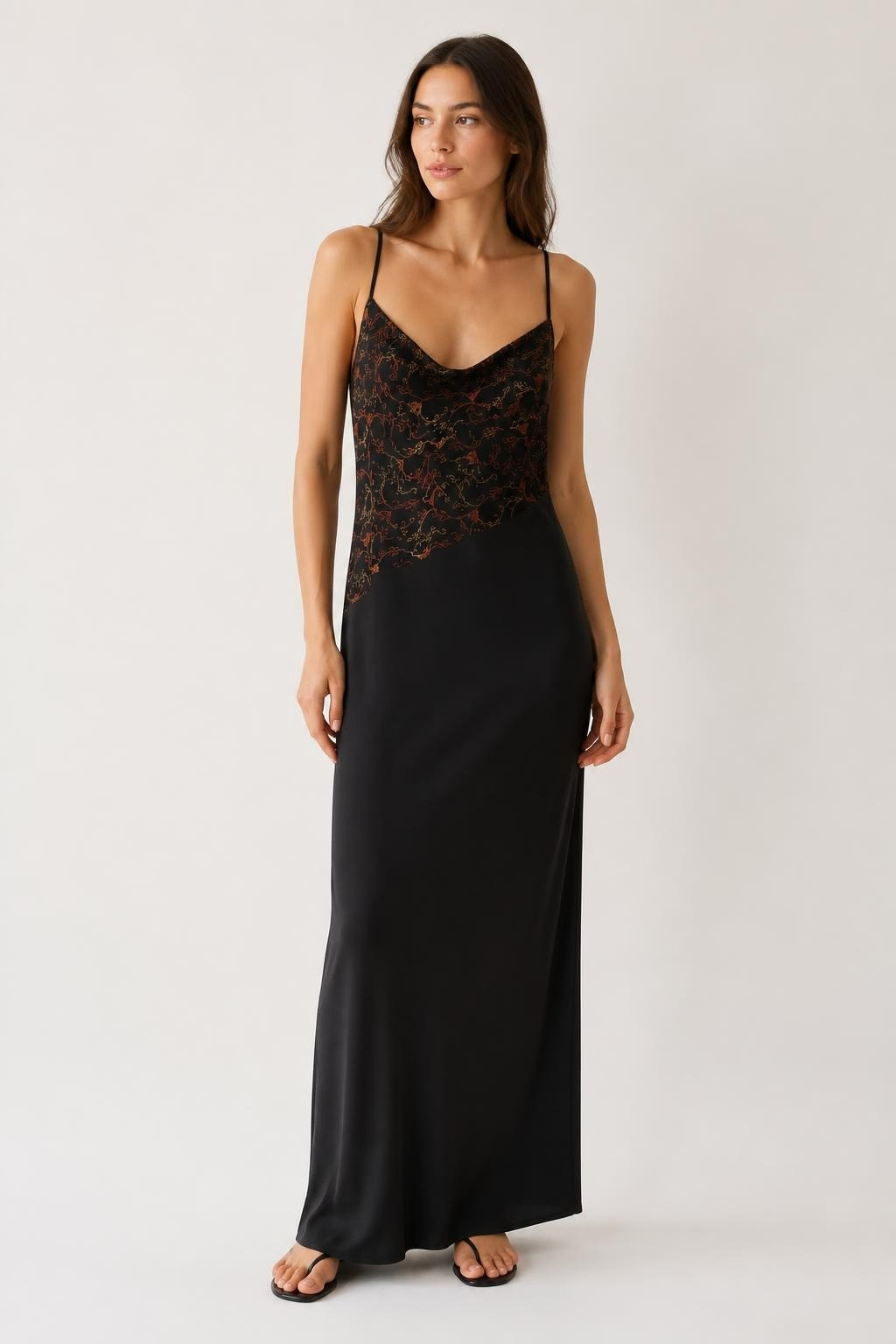 Black Embroidered Spaghetti-Strap Midi Slip Dress - on model shot, second-hand at Why Go Less, Dekwaneh, Lebanon