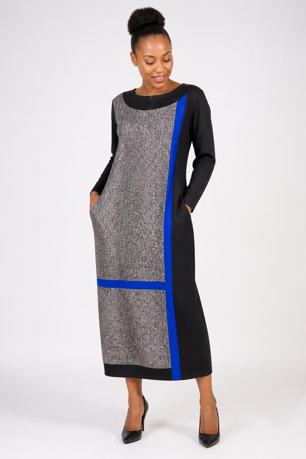 Exploror Black Mixed Fabric Midi Dress with Blue Trim - at Why Go Less, Lebanon